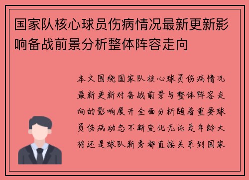 国家队核心球员伤病情况最新更新影响备战前景分析整体阵容走向