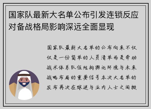 国家队最新大名单公布引发连锁反应对备战格局影响深远全面显现