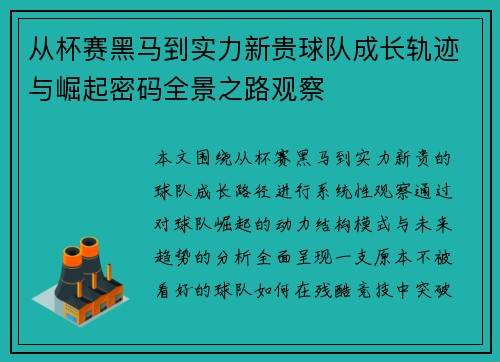 从杯赛黑马到实力新贵球队成长轨迹与崛起密码全景之路观察