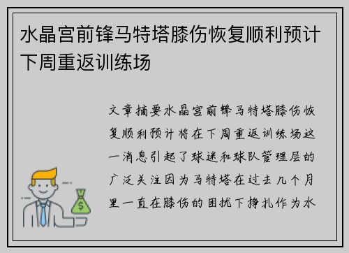 水晶宫前锋马特塔膝伤恢复顺利预计下周重返训练场