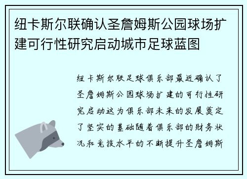 纽卡斯尔联确认圣詹姆斯公园球场扩建可行性研究启动城市足球蓝图
